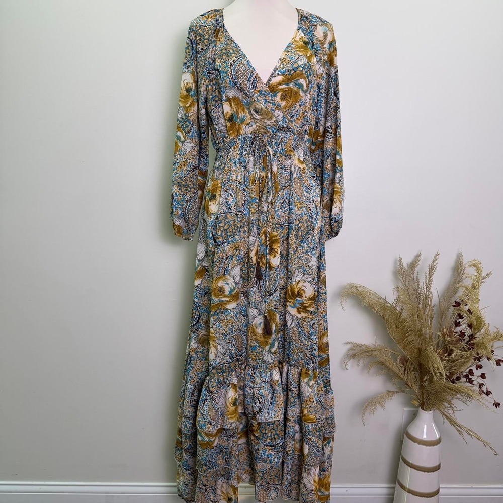 Boemo Anthropologie Paisley Floral Smocked Long Sleeve Maxi Dress (M)